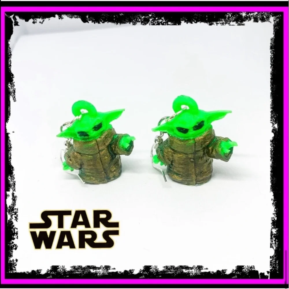 New S925 Sterling Silver Handmade Baby Yoda Earrings 3D Printed Hand Painted